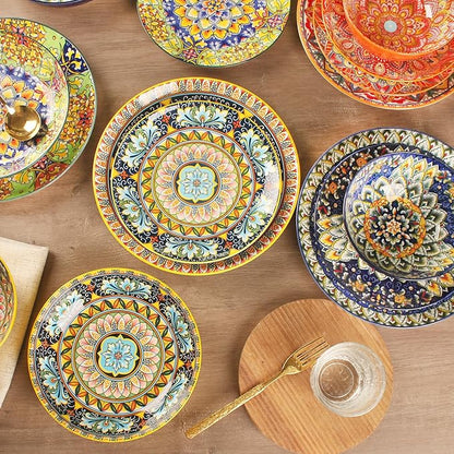 Mandala Dinnerware Sets (16 PCS) Serves for 4, Porcelain Dishes Set, Microwave and Dishwasher Safe, Scratch Resistant, Bohemian Style Dining Ware Service for 4, Colorful No.3
