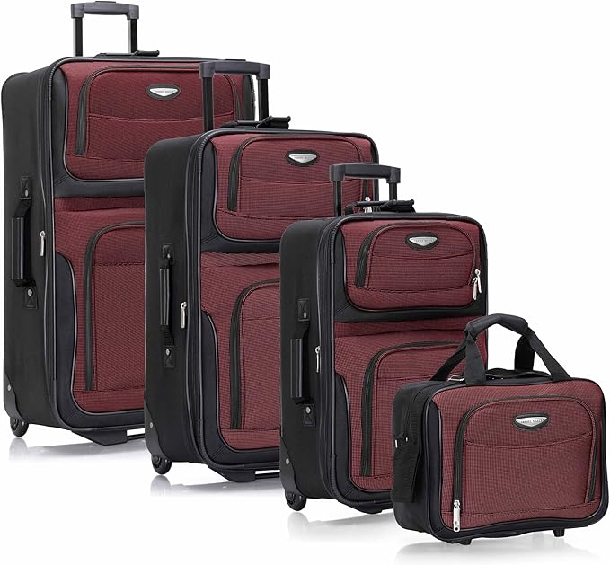 Travel Select Amsterdam 4-Piece Softside Expandable Rolling Luggage Set, Lightweight 2-Wheel Suitcases, Packing Cubes, Travel Tote, Durable Polyester Construction, Burgundy
