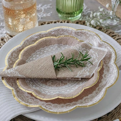 Kate Aspen Burlap & Lace Party Decorations - 62 Piece Rustic Bridal Shower and Wedding Tableware Set for 16 Guests - Disposable Floral Paper Plates and Napkins Party Supplies