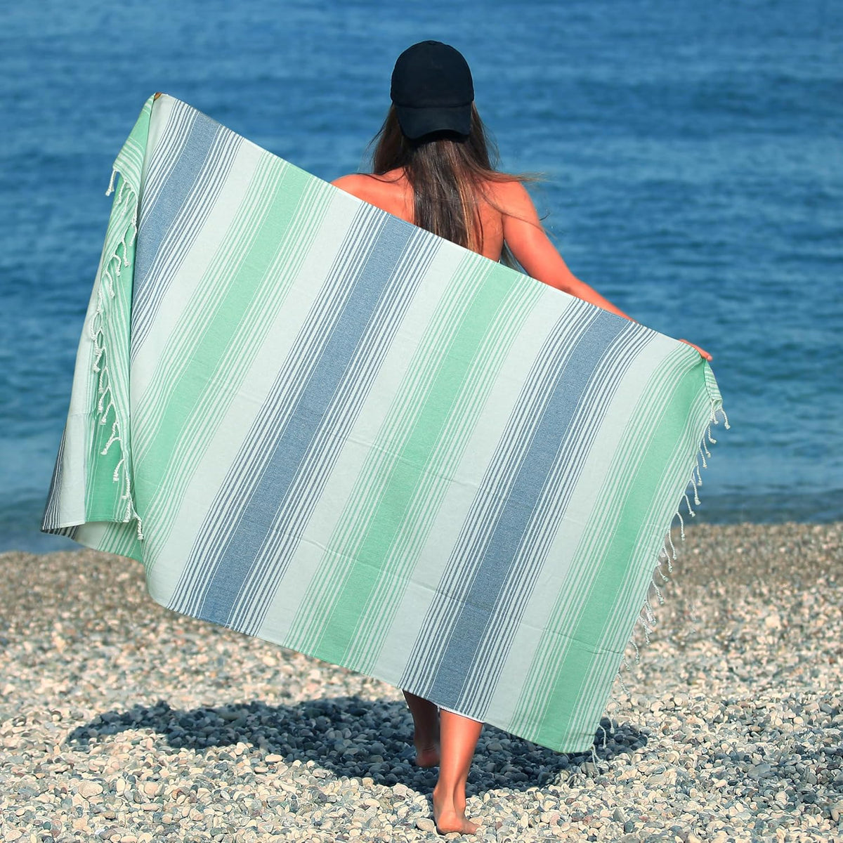 HILLFAIR Cotton Turkish Beach Towels, Quick Dry Lightweight Sand Free Peshtemal Towel for Bath Swim Yoga Spa Travel, Beach Accessories, Oversized Cotton Turkish Towels (39 x 72 inch- 4 Pack Mint Blue)