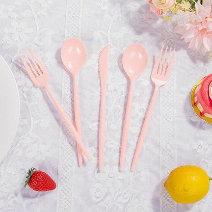 LIYH 150 Pcs Pink Plastic Cutlery Sets - Pink Plastic Silverware Heavyduty, Disposable Utensil Sets, 50 of Each Forks, Knives & Spoons Flatware Set for Party Birthday