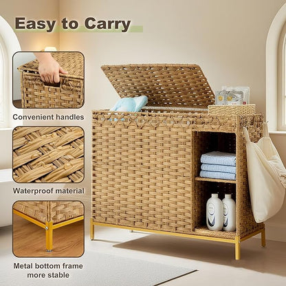 Laundry Hamper with Lid, 130L (34.4 Gal) Rattan Laundry Hamper 3 Section with 50L (13.2 Gal) Storage Shelf, Wicker Woven Laundry Sorter Basket with 4 Liner Bags and Handles, Gray GLH003G