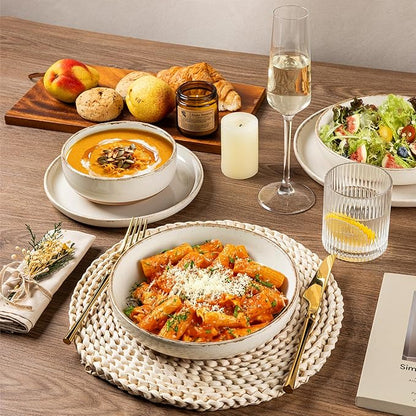 AmorArc Ceramic Dinnerware Sets with Pasta Bowls for 4, Handpainted Plates and Bowls Set with Rustic Terracotta Underside, Scratch Resistant Dishes Set, Dishwasher & Microwave Safe, 16 Pcs