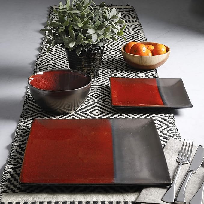 Gibson Elite Decadence 12 Piece Reactive Glaze Dinnerware Set Service for 4, Red with Reactive Metallic Color -