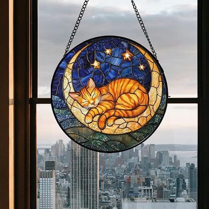 Stained Glass Window Hanging - Orange Moon Sleeping Cat Sun Catcher for Door Home Decor Blue Starry Sky Suncatcher Christmas Mother's Day Birthday Gifts for Women Men Mom Nana 15 in