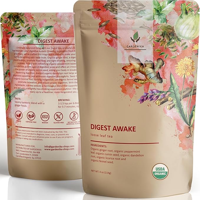 Gardenika Organic Digestive Loose Leaf Tea, Stomach Ease Herbal Caffeine-Free Leaves, Ayurvedic Blend with Dandelion Root, Ginger, Peppermint, Licorice – 4 oz