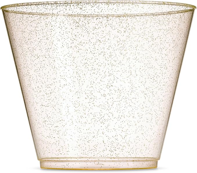 100 Glitter Plastic Cups - 9 Oz Clear Plastic Cups Old Fashioned Tumblers -Gold