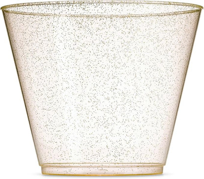 100 Glitter Plastic Cups - 9 Oz Clear Plastic Cups Old Fashioned Tumblers -Gold