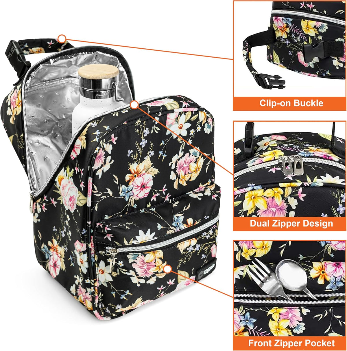 opux Lunch Box for Girls Boys Kids, Insulated Leakproof Lunch Bag, Reusable Teen Lunch Boxes for School, Medium Large lunchbox for Women Men Adult for Work with Front Back Pocket (Floral Black)
