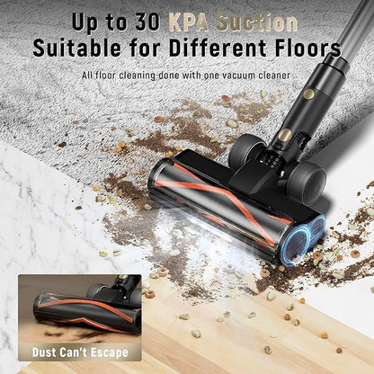 Cordless Vacuum Cleaner, 30Kpa Home Stick Vacuum, Smart Display & 1.5L Dust Cup, 55mins Max Runtime, Rechargeable Lightweight Handheld Vavuum for Pet Hair/Carpet/Hardwood Floor/Car (Golden)