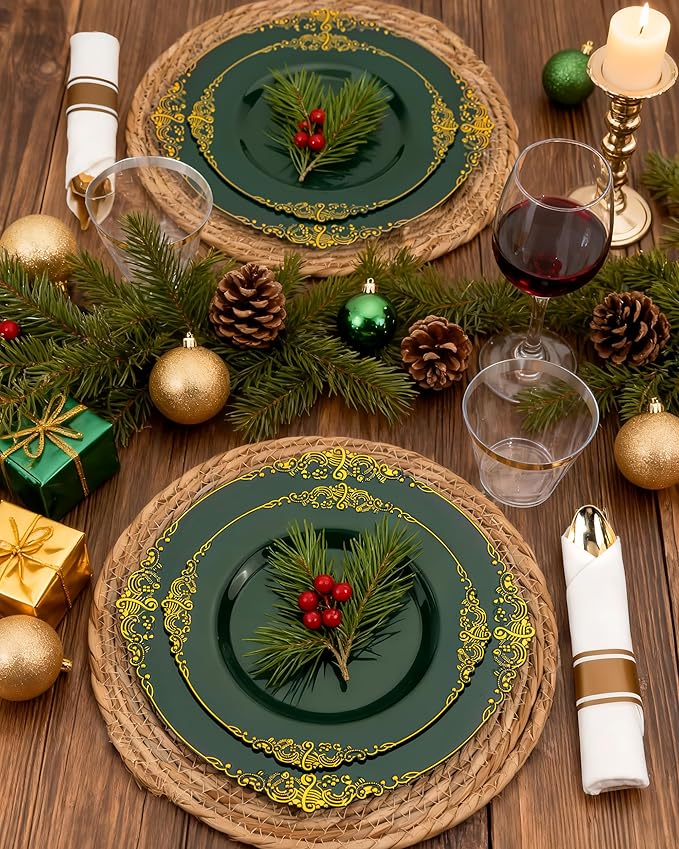 Nervure 350PCS Green Plastic Plates - Green Gold Plastic Dinnerware Sets for 50 Guests - 100 Disposable Plates, 150 Gold Silverware, 50 Cups, 50 Napkins for Wedding & Party & Christmas
