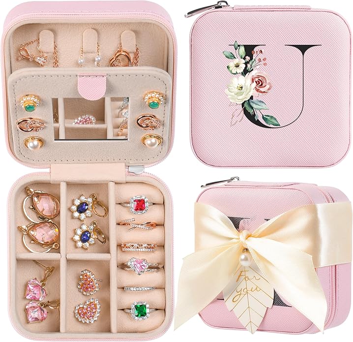 AYGXU Travel Jewelry Box for Women and Girls - Small Case With Initial A-Z - Teacher Gifts