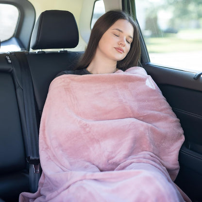 BlueHills Travel Blanket Pillow Rolled Premium Soft Plush Airplane Throw Traveling Gifts Compact in a Bag 70 X 48 inches Long Plane Flight Portable Lightweight Pink R02