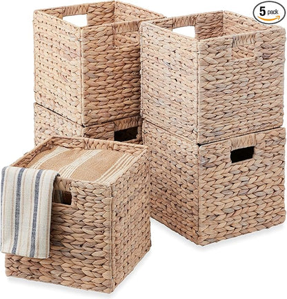 Best Choice Products 10.5x10.5in Pack of 5 Cube Storage Baskets, Water Hyacinth Multipurpose Collapsible Organizers, Handwoven Laundry Totes for Laundry, Living Room, Kids Room & Nursery - White