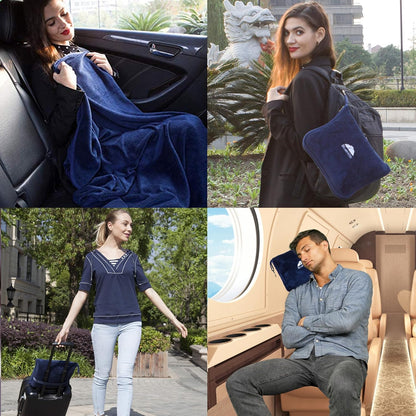 BlueHills Premium Soft 2-Pack Travel Blanket Pillows Airplane Large Plane Flight Throw Blankets for Two in Bag Compact Traveling Essentials Set Packable Warm Gifts Navy Blue T011
