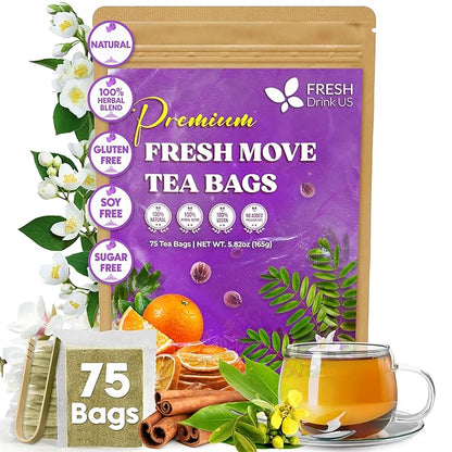 FreshDrinkUS, Fresh Move Tea – 75 Tea Bags - Herbal Tea Blend with Senna Leaves, Cinnamon, Orange Peel, Ginger & More – Caffeine-Free, Natural Ingredients – Smooth Flavor for Everyday Enjoyment