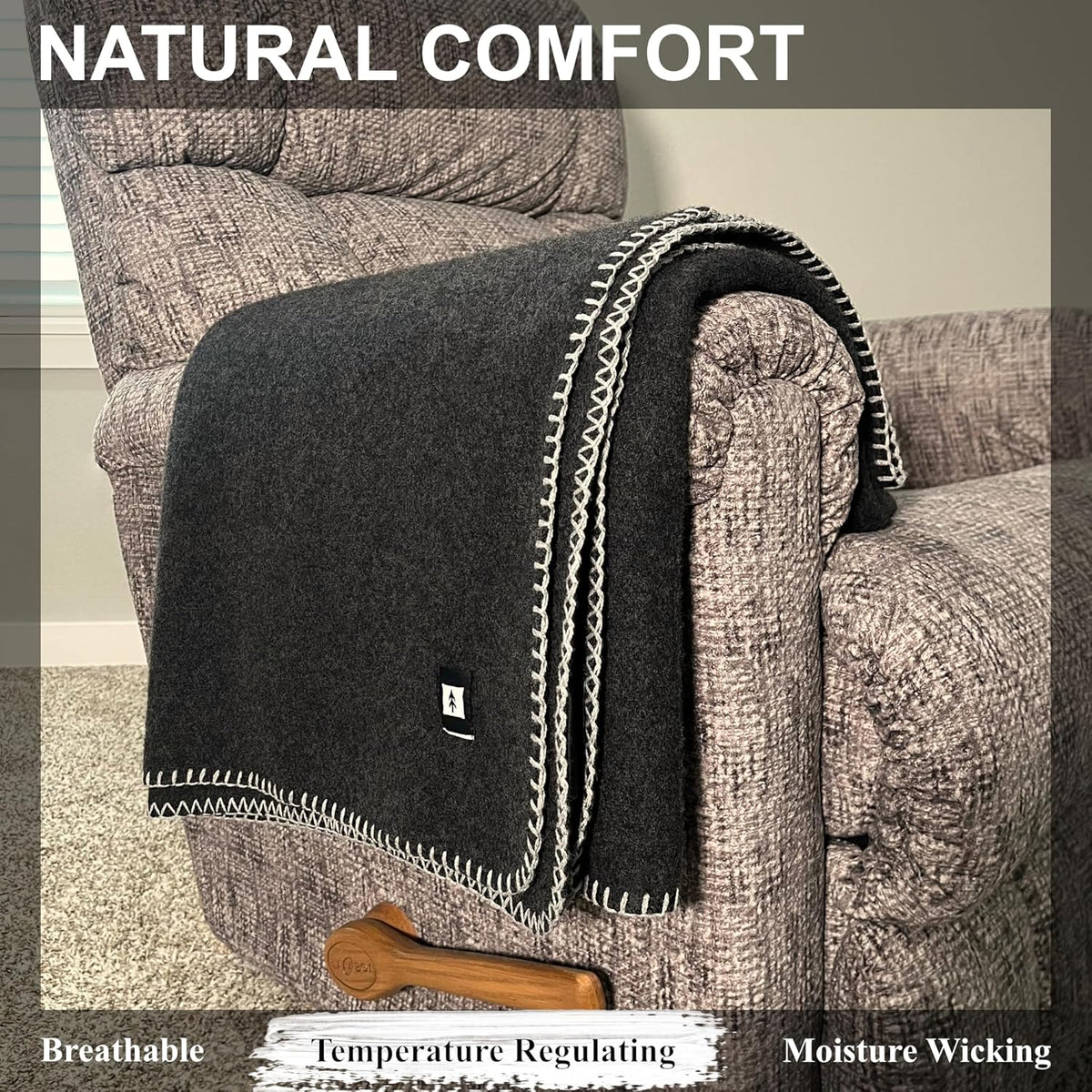 EKTOS 100% Virgin Wool Blanket, 50" x 60", Small, Ideal for Fire Pit or Campfire (Charcoal, Throw Size)