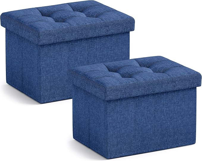 Ornavo Home Small Storage Ottoman, Set of 2, Foldable Collapsible Rectangle Linen Ottoman Foot Rest Stool Seat, for Living Room, Bedroom, Home Office, Dorm - 12 x 16 x 12, Navy Blue