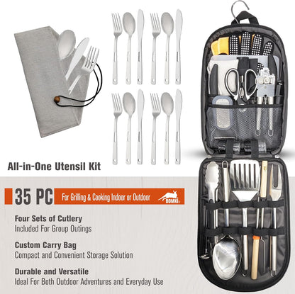 BOMKI Grilling & Camping Cooking Utensils - BBQ & Camping Kitchen Set - Cookware Accessories - Black Pro