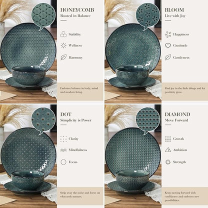 MALACASA 12 Pieces Dinnerware Sets, Farmhouse Plates and Bowls Sets, Embossed