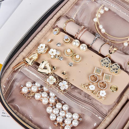 NISHEL Travel Jewelry Case, Holiday Organizer for Necklaces, Earrings, Rings, Bracelets, Watch, Pink