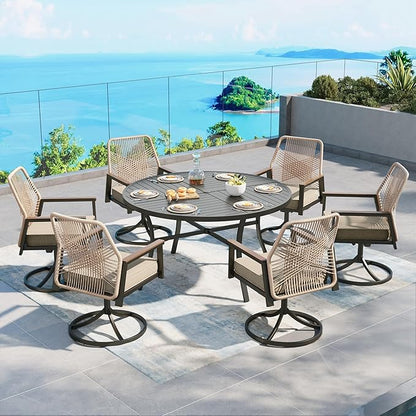 Patio Dining Set 7 Piece, 6 x Woven Rattan Swivel Chairs