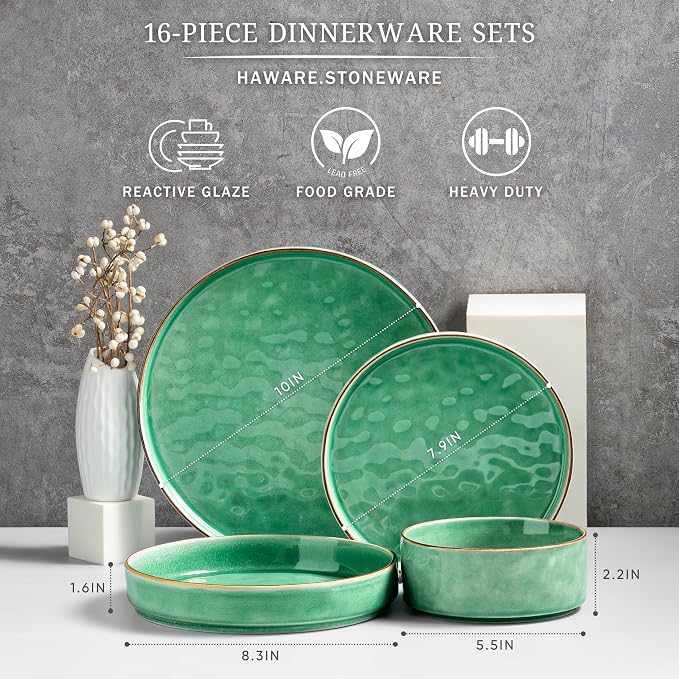 HaWare 16-Piece Dinnerware Set for 4, Stoneware Dish Set, Reactive Green |