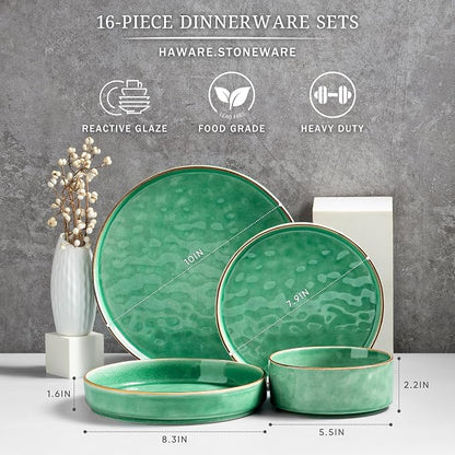 HaWare 16-Piece Dinnerware Set for 4, Stoneware Dish Set, Reactive Green |