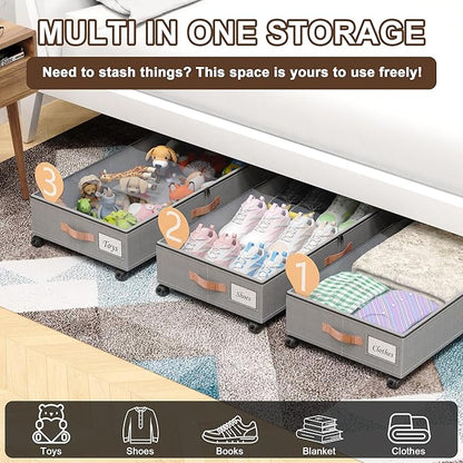 Under Bed Storage with Wheels, 2-Pack Under Bed Storage Containers with Clear Lids, XXL 65L Under the bed storage Organizer Bins, Rolling Under Bed Metal Drawer for Clothes,Shoes,Toys (Gray, 2-Pack)