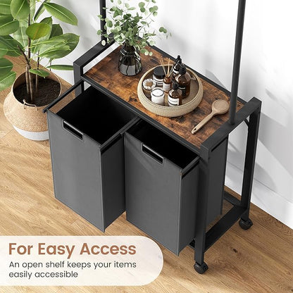 Laundry Sorter 2 Section Laundry Hamper Sorter with Clothes Hanging Rod and Wooden Storage Shelf 2 X 13gal Laundry Basket Organizer for Laundry Room Organization Storage Baskets, Black