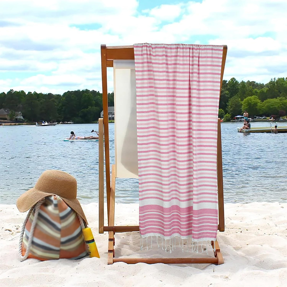 HILLFAIR Cotton Turkish Beach Towels, Quick Dry Lightweight Sand Free Peshtemal Towel for Bath Swim Yoga Spa Travel, Beach Accessories, Oversized Cotton Turkish Towels (39 x 72 inch- 4 Pack Pink)