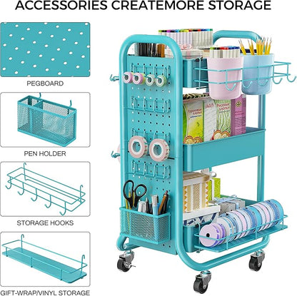 DESIGNA 3-Tier Utility Storage Rolling Cart with Removable Pegboard & Extra Storage Baskets Hooks, Metal Craft Art Carts for Gift Home Office, Teal