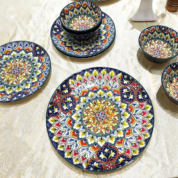 YA JU Mandala Dinnerware Sets Serves 4, Buffet Dinnerware, Boho Plates and