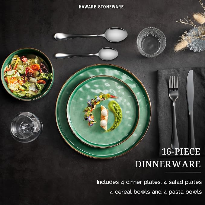 HaWare 16-Piece Dinnerware Set for 4, Stoneware Dish Set, Reactive Green |