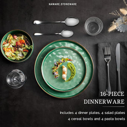 HaWare 16-Piece Dinnerware Set for 4, Stoneware Dish Set, Reactive Green |