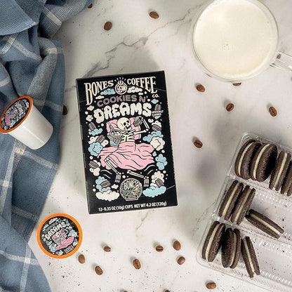 Bones Coffee Company Cookies 'N Dreams, Cookie and Cream Flavored Coffee Pods, Low Acid Medium Roast Single-Serve Bones Cups, Compatible with K-Cups Brewers Coffee Maker, 12 Count