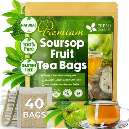 FreshDrinkUS, 40 Premium Soursop Graviola Fruit Tea Bags, 100% Natural and Pure from Soursop Fruits, Made With Natural Materials-Corn Fiber Tea Bag, Sugar/Caffeine/Gluten Free, Hoja Guanabana Tea