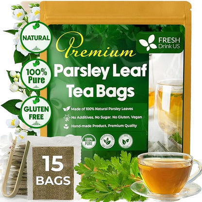 FreshDrinkUS, Premium 15 Parsley Leaf Tea Bags, 100% Natural & Pure from Parsley Leaves. Loose Leaf Parsley Herbal Tea. Made with Natural Material Tea Bags. No Sugar, No Caffeine, No Gluten, Vegan.
