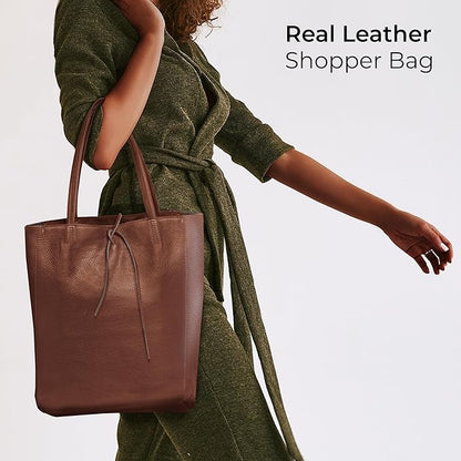 Italian Calf Leather Tote for Women with Zipper, Inner Pocket & Flat Base | Soft Unlined Shopper for Work & Travel