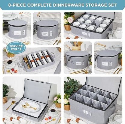 Hard Shell China Storage Containers 8-Piece Set Moving Boxes for Dinnerware, Glasses, Plates, Mugs and Saucers Sturdy Dish Organizer with Dividers for Seasonal Storage - Service for 12 - Gray