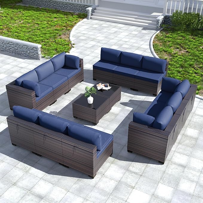 Kullavik 14 Pieces Outdoor Patio Furniture Set PE Wicker Rattan Sectional Sofa