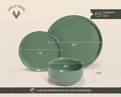 Ceramic Dinnerware Set, 12-Piece Service for 4, Round, Microwave and Dishwasher Safe, Cambridge Classics (Dusty Jade)
