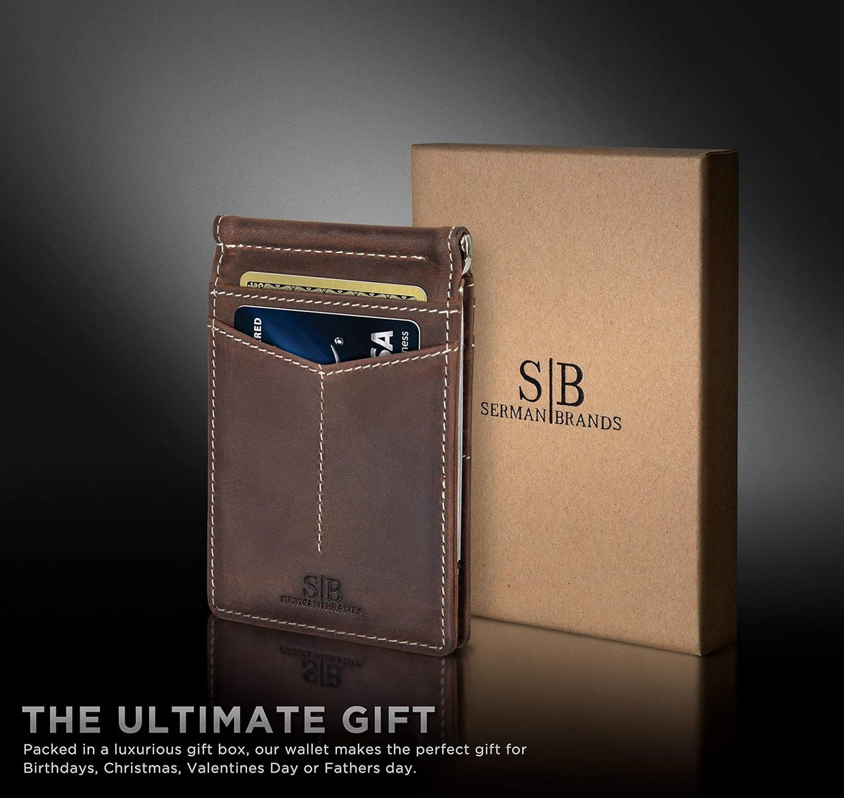 SERMAN BRANDS RFID Blocking Wallet Slim Bifold - Genuine Leather Minimalist Front Pocket Wallets for Men with Money Clip Gift