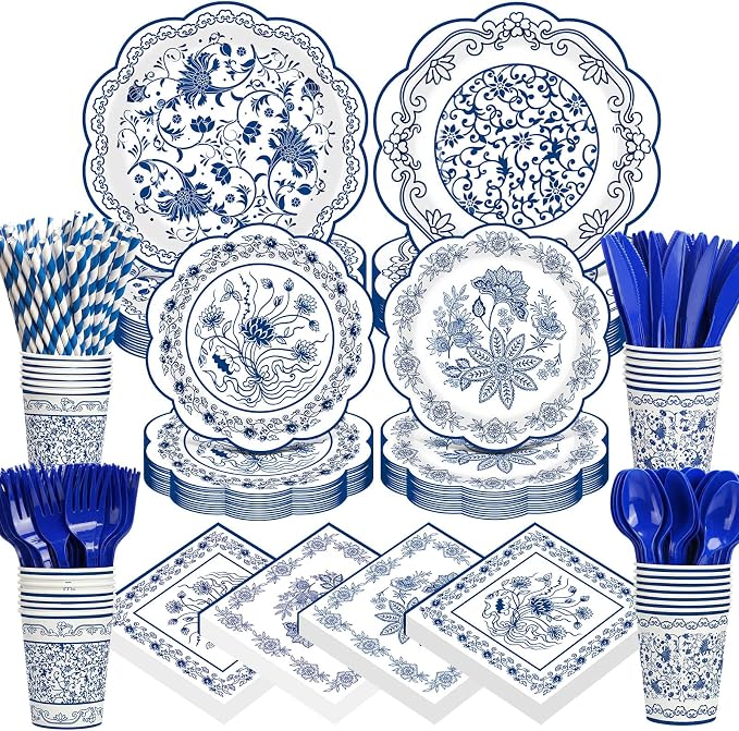 450 Pcs Blue Floral Tableware Set Decorations, Serves 50 | Blue White