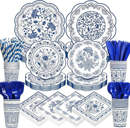 450 Pcs Blue Floral Tableware Set Decorations, Serves 50 | Blue White