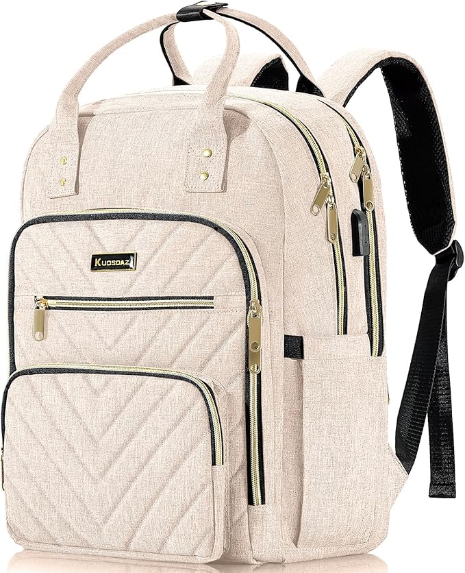 Laptop Backpack for Women, High School Bookbag for Girls with USB Port Charging, 15.6 Inch Water Resistant Computer Bag for Work, Travel College Back Pack Purse Gifts for Student Teacher, Beige
