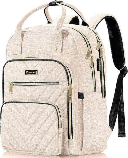 Laptop Backpack for Women, High School Bookbag for Girls with USB Port Charging, 15.6 Inch Water Resistant Computer Bag for Work, Travel College Back Pack Purse Gifts for Student Teacher, Beige
