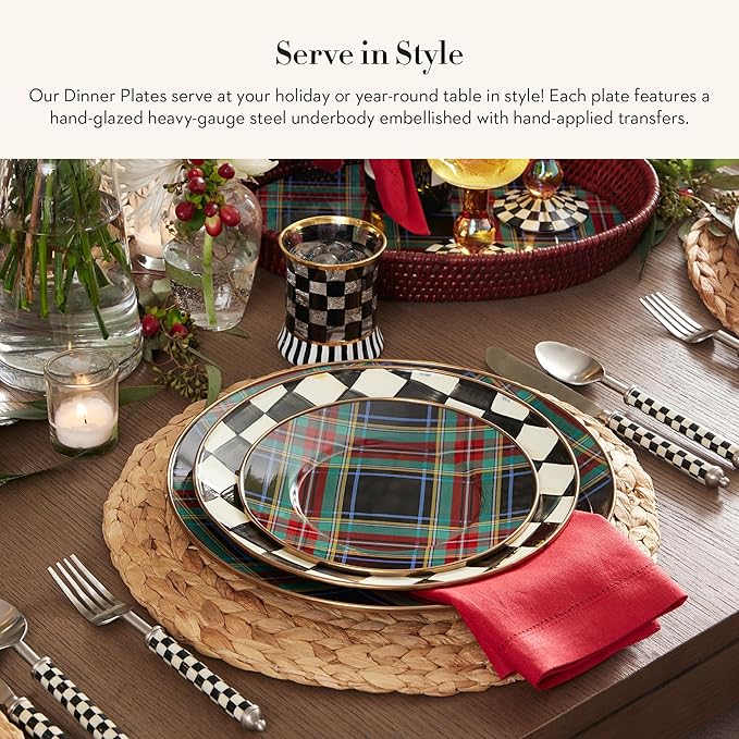 MACKENZIE-CHILDS Enamel Dinner Plate, Decorative Dinnerware Plate, 10 Inches, Black Tartan