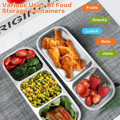 4 Pack Stainless Steel Snack Containers with Lids, 3-Compartments Reusable Lunch Box for Adults, Food Storage Containers Divided Meal Prep Box for Home, Work, Travel