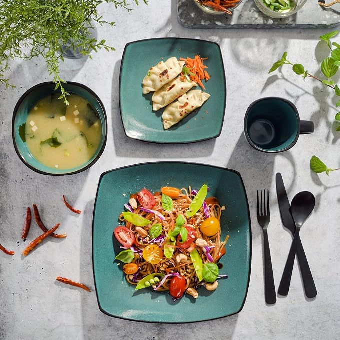Gibson Elite Soho Lounge 16-Piece Reactive Glaze Dinnerware Set – Teal and